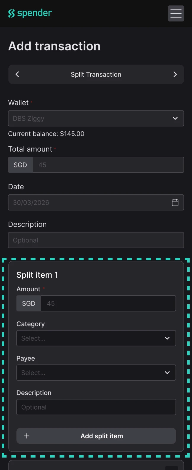 Spender split transaction screen